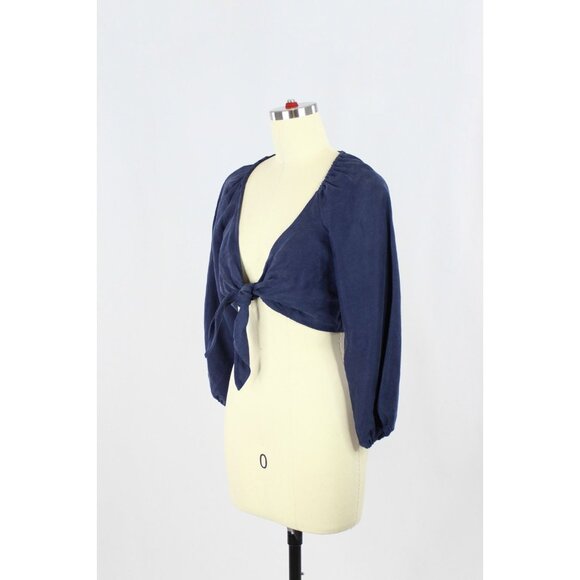 Aritzia WILFRED Venus Navy Blue Linen Blend Front Tie Blouse Top, Size XS - Picture 4 of 11